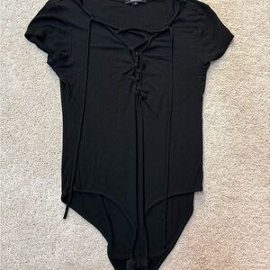 Ambiance Black Lace-Up Ribbed Short Sleeve Bodysuit